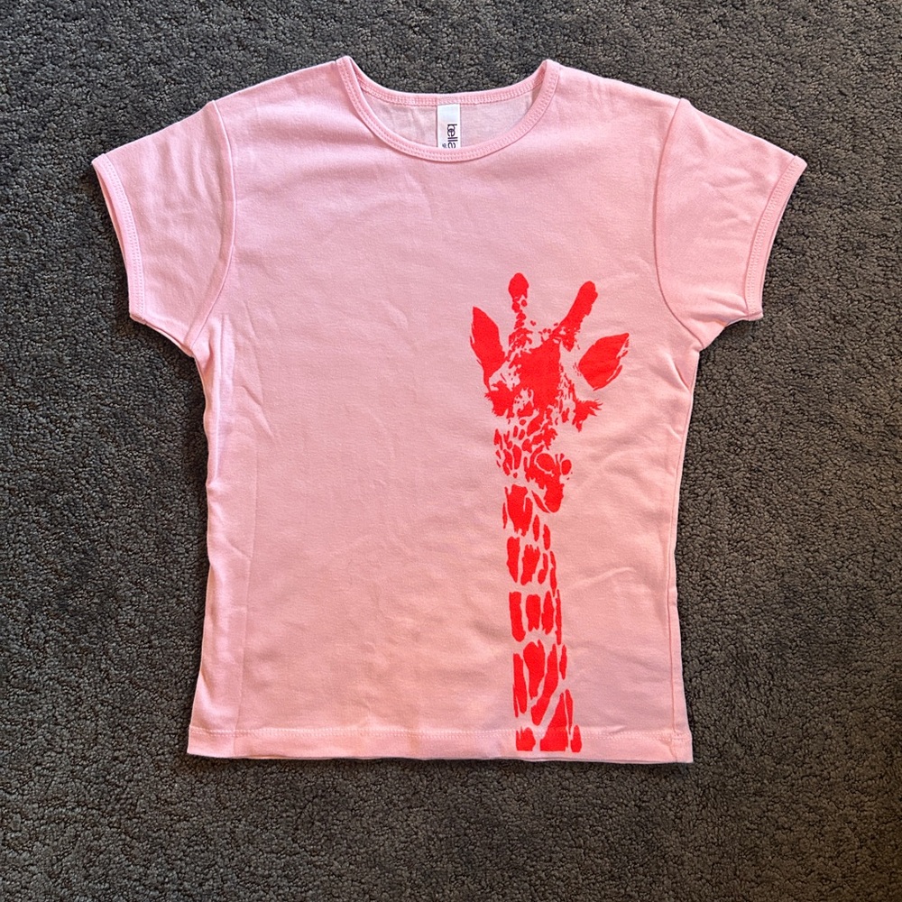 Screen-Printed Pink and Red Giraffe Girls Cap-Sleeve T-Shirt